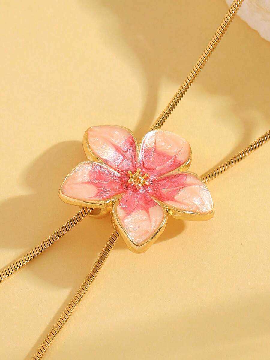 1pc Elegant Vintage Sweet Niche Minimalist Oil Drip Pink Flower Pendant Adjustable Womens Long Sweater Chain Necklace Fashion Suitable F H260730 - view 7