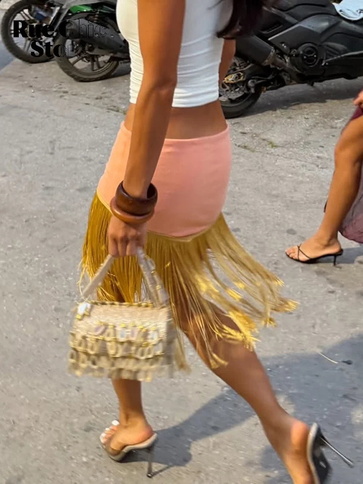 Pink High Waist Golden Tassel Fringe Bodycon Mini Skirt Stretchy Y2K Short Beach Street Vacation Party Summer Matching 260730 - view 3