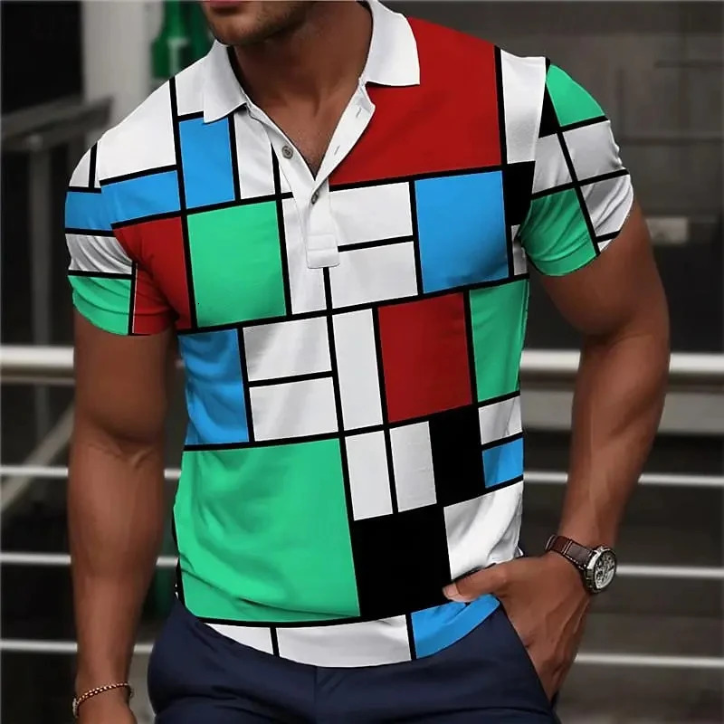 Color Block Patchwork Printed Polo Shirt For Men Summer Casual Short Sleeve Mens Polo T-Shirt Top Oversized Golf Sweatshirt 260729 - view 4