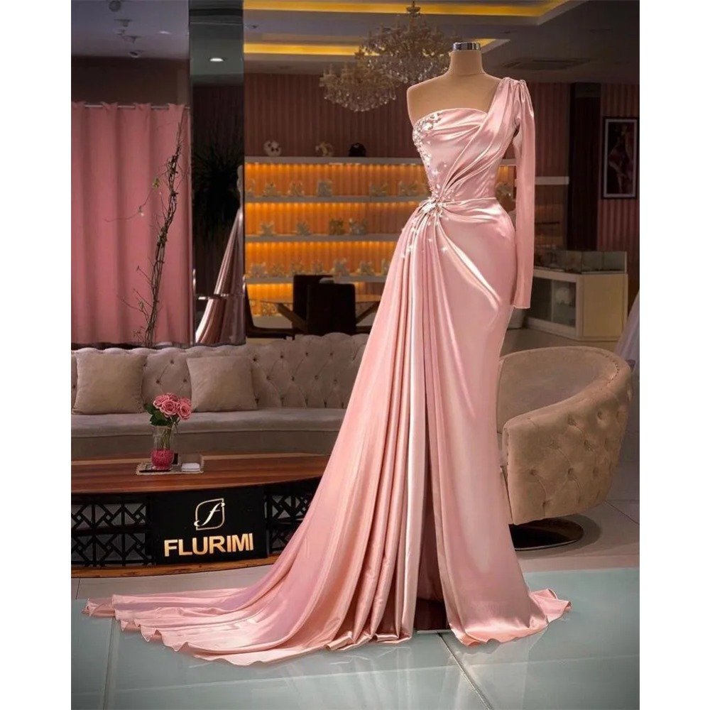 Pink Satin Mermaid Evening Dress One Shoulder Long Sleeve Twist Waist Rhineston…