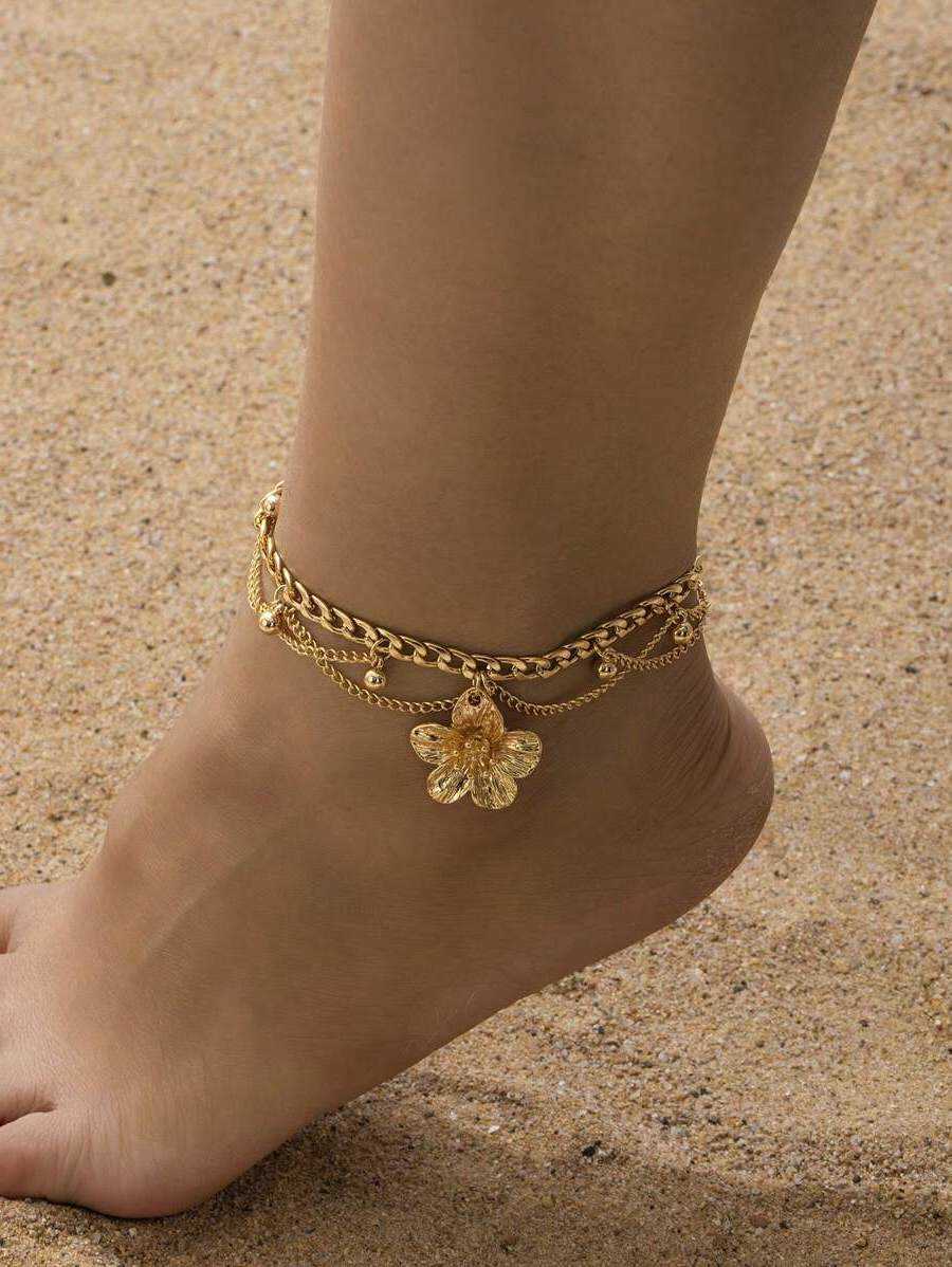 Livesso 1Pc Vacation Style Line Tassel Golden Flower Pendant Multilayer Anklet …