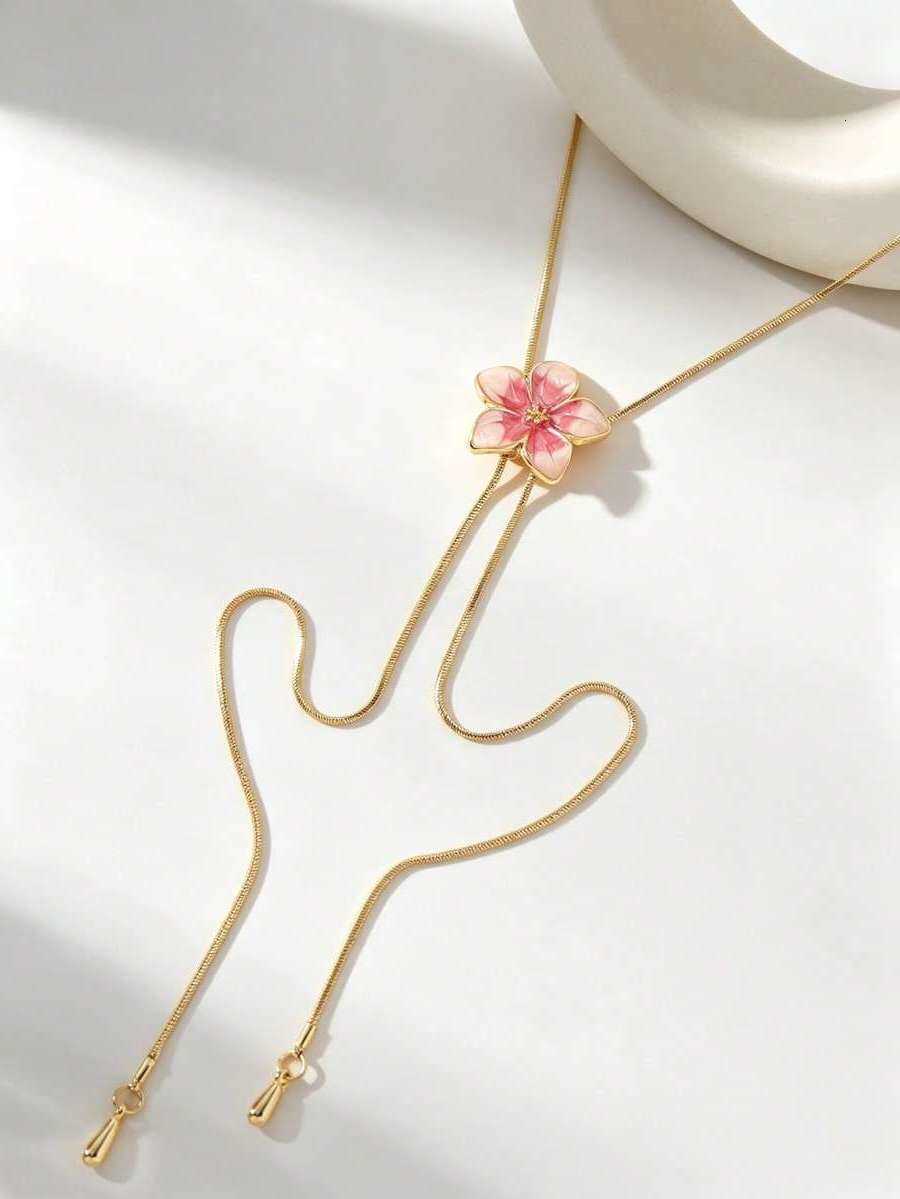 1pc Elegant Vintage Sweet Niche Minimalist Oil Drip Pink Flower Pendant Adjustable Womens Long Sweater Chain Necklace Fashion Suitable F H260730