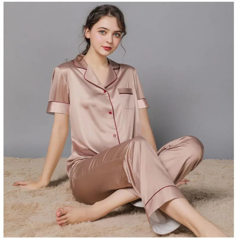 Women 2 Pieces Mulberry Silk Pajama Set Long Sleeve Top Pants Ice Silk Loungewear y Sleepwear Spring Autumn Casual Home C 260728 - view 7