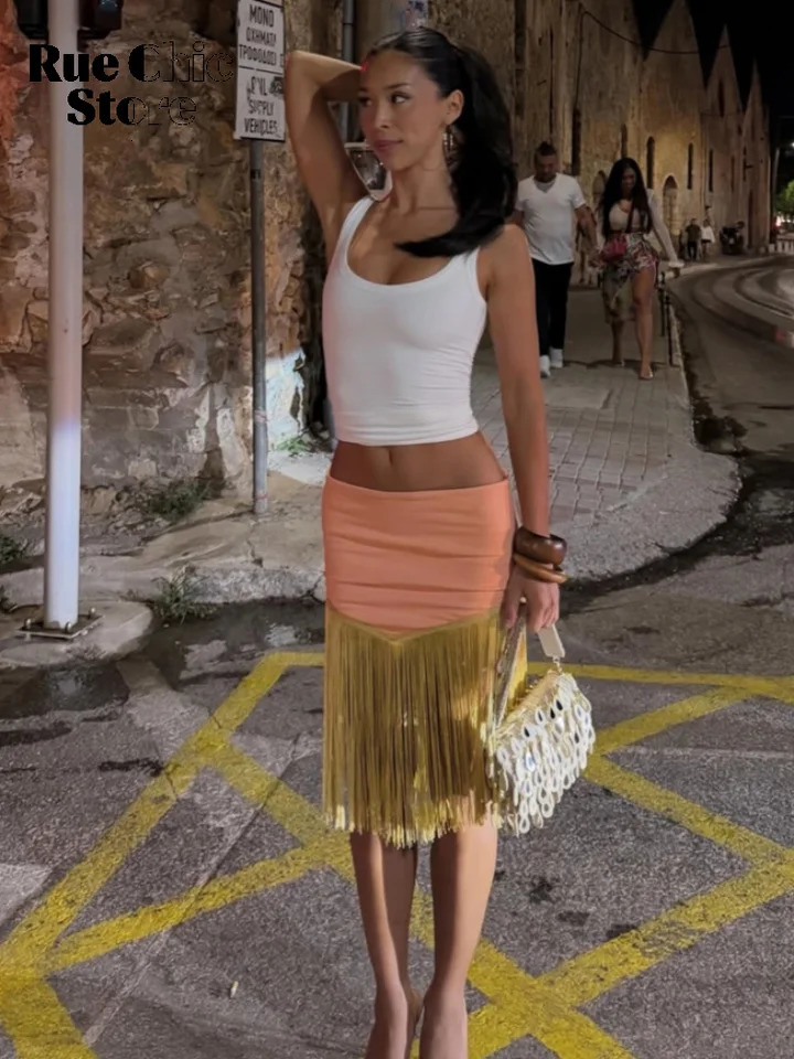 Pink High Waist Golden Tassel Fringe Bodycon Mini Skirt Stretchy Y2K Short Beach Street Vacation Party Summer Matching 260730 - view 5