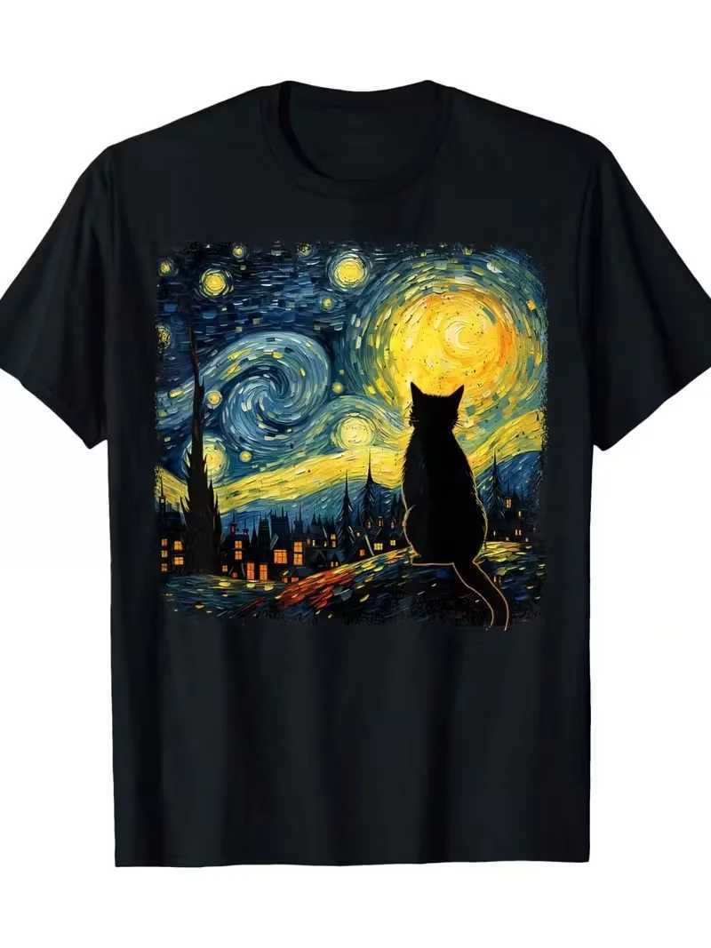 Uomo Donna T-Shirt Casual Unisex Gatto Notte Stellata Van Gogh T-Shirt Gatto Per Amante Dei Gatti T-Shirt Mamma Gatto Papà Gatto T-Shirt Allentata C-image