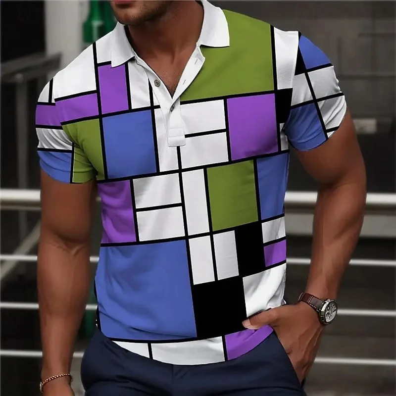 Color Block Patchwork Printed Polo Shirt For Men Summer Casual Short Sleeve Mens Polo T-Shirt Top Oversized Golf Sweatshirt 260729 - view 5