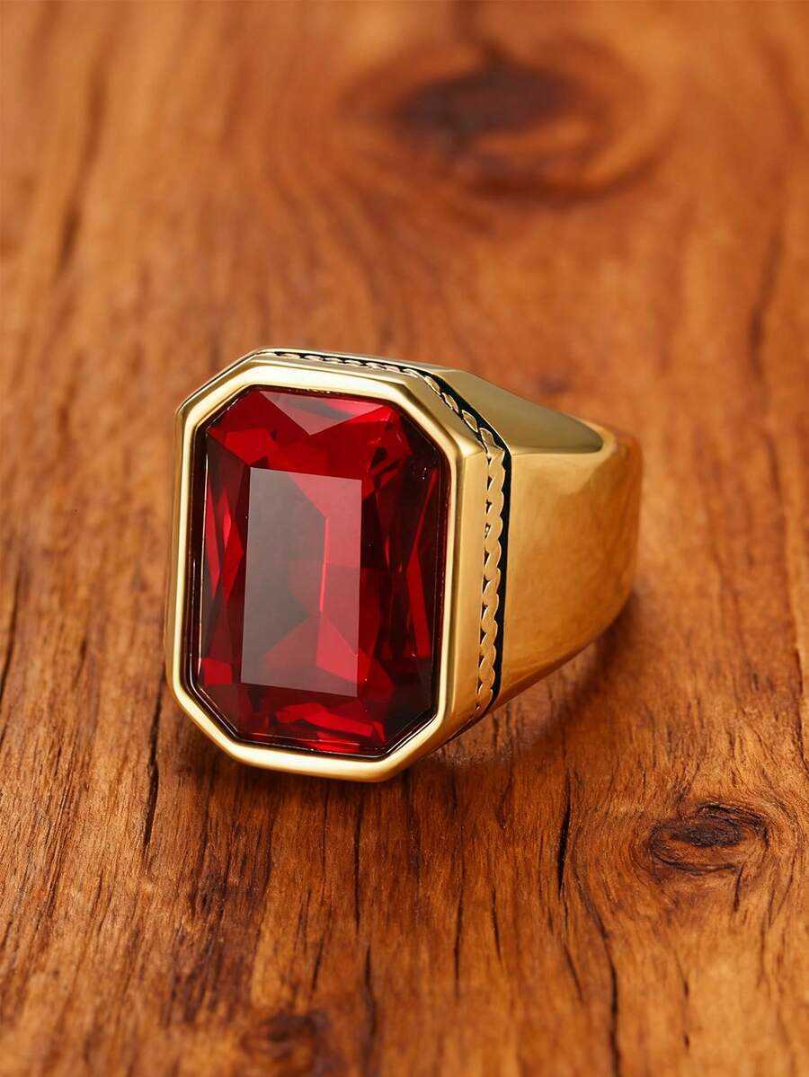 18K Gold Plated 1pc Luxury Vintage Red Cubic Zirconia Simple Men's Ring Stainless Steel Jewelry Best Friend Birthday Gift For Banquet H2607311 - view 3