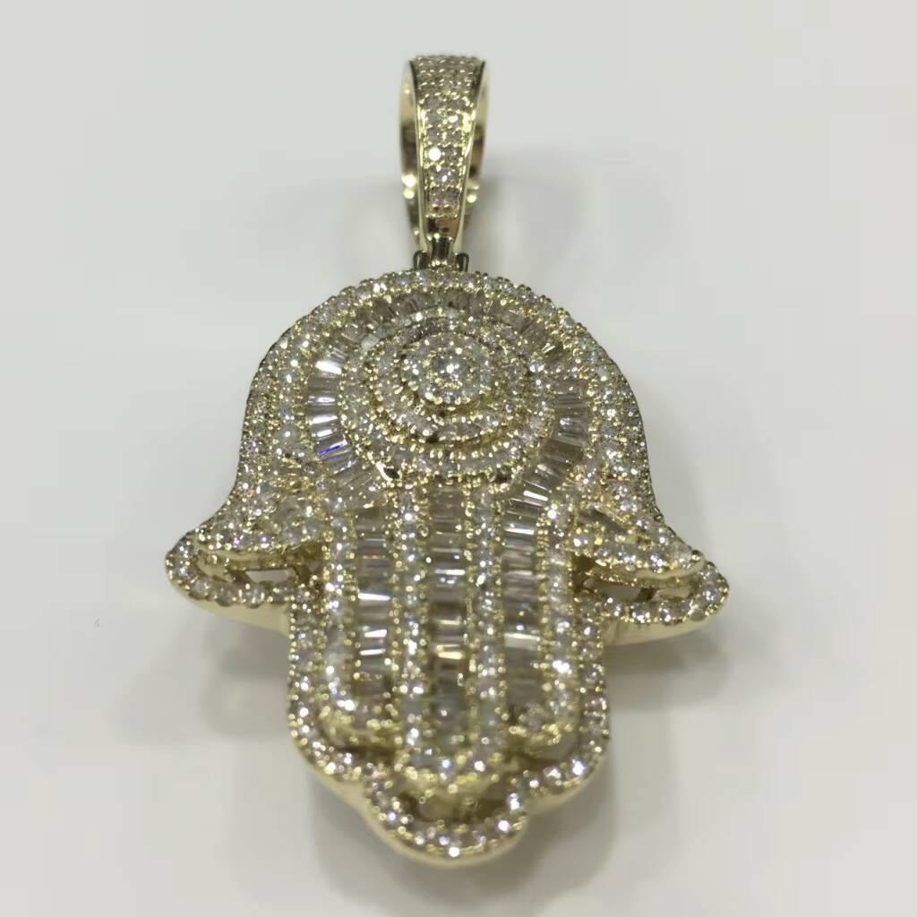 High Quality Super Fine Palm Shaped Amulet Round and Baguette Cut Diamond Pendant for Women - view 3
