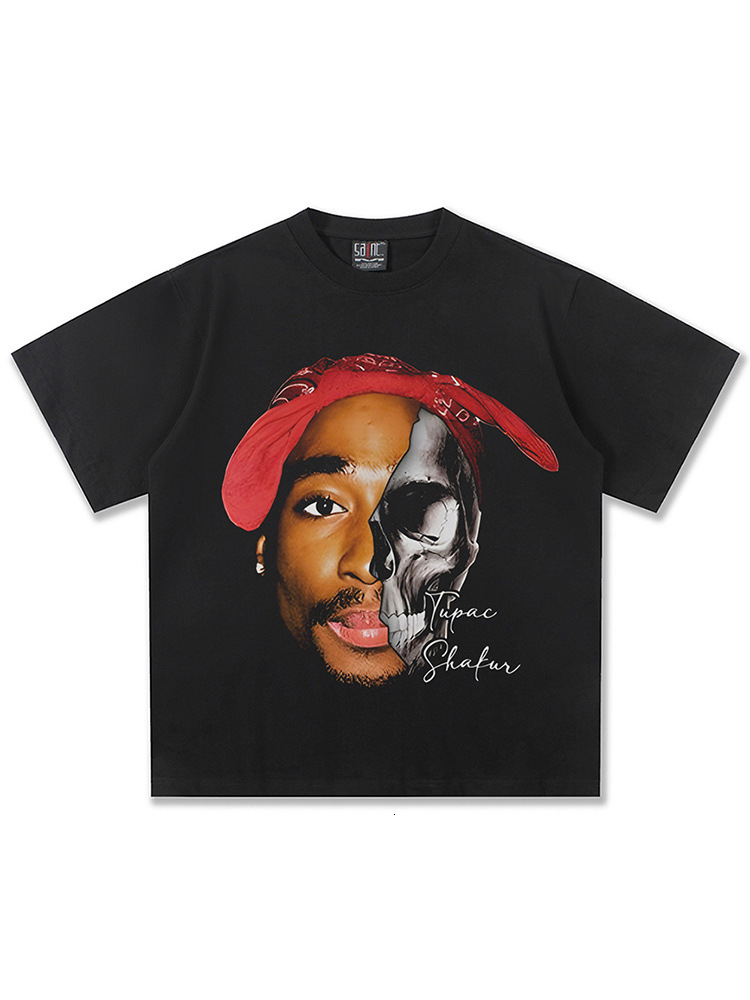 Oversize 5XL 2026 washed T-Shirt Summer Tupac American Street Style Washed Vintage Heavyweight Trendy Brand T-Shirt with Direct Print Round Neck Short - view 3