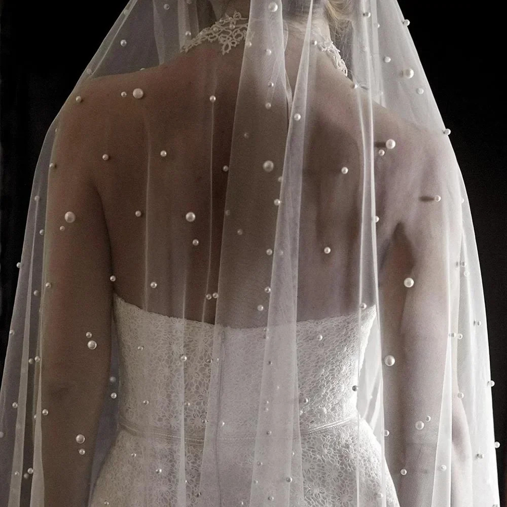 Perle Velo Da Sposa Lungo Bianco Avorio Con Pettine Velo Da Sposa Cattedrale A 1 Strato Con Perle Velos De Noiva Perline Di Cristallo 75-300 Cm 2607-image