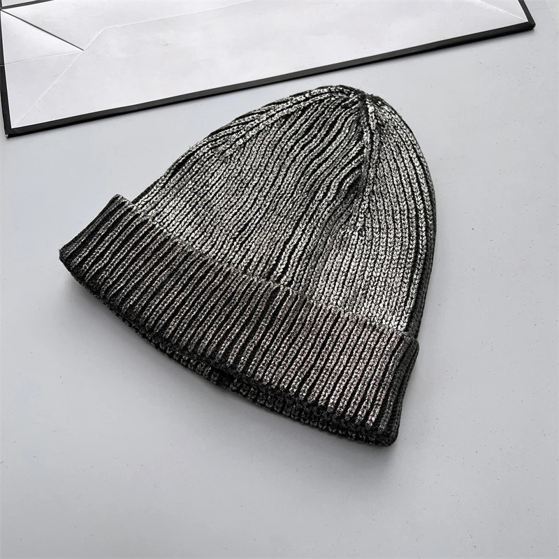 Autumn Winter Metal Colour Coating Holographic Knitted Hat Men Women Harajuku Hip Hop Warm Skull Cap Beanie 260728 - view 5