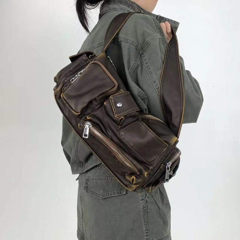 Y2k Hobo For Women Shoulder Crossbody Bag Vintage Washed Leather Motorcycle Bag Large Capacity Multi Pocket Zipper Underarm Bag 260730 - view 3