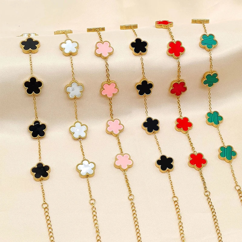 Simple Adjustable Stainless Steel Plant Flower Bracelet With Five Leaf Petals W…