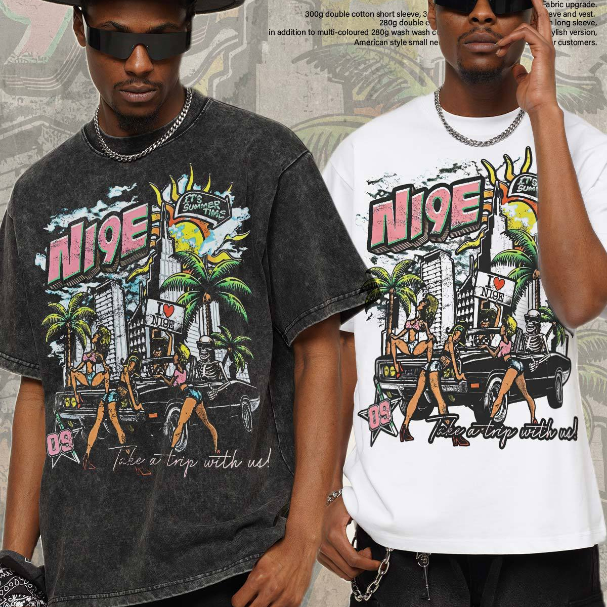 2026 Washed T-Shirt Summer Cityparty American Street Style Washed Direct Print …