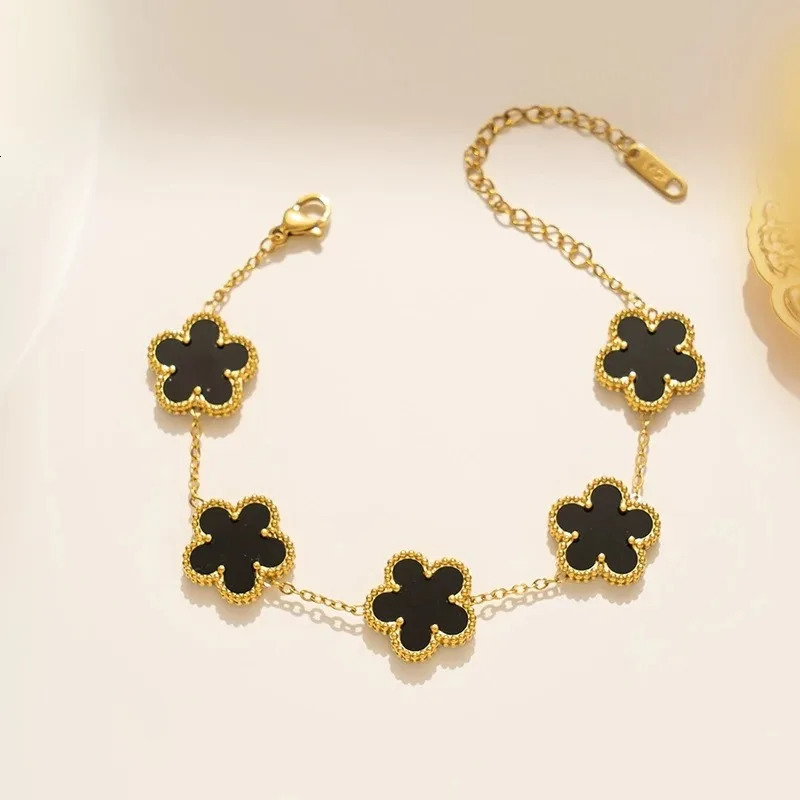 Gold Plated 316L Stainless Steel Plant Five Leaf Flower Bracelet Classic For Wo…