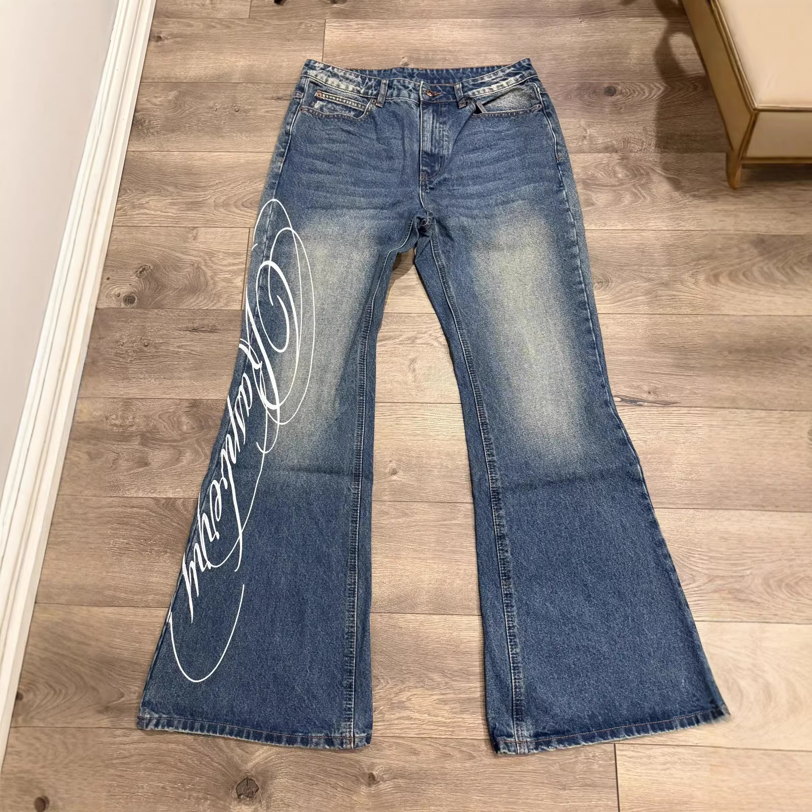 designer Jeans Washed Letter Print Jeans for Men Women Y2K Harajuku Punk Streetwear Wide Leg Floor-Length Trousers Ins Fashion - view 5