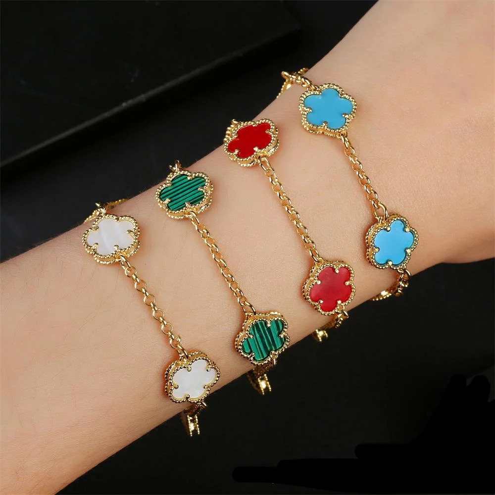 Uwin Five Leaf Flower Bracelet Natural Stone Malachite Shell Agate Flower Brace…