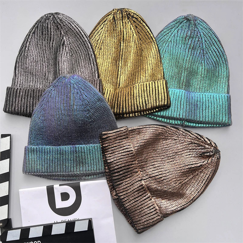 Autumn Winter Metal Colour Coating Holographic Knitted Hat Men Women Harajuku Hip Hop Warm Skull Cap Beanie 260728 - view 3