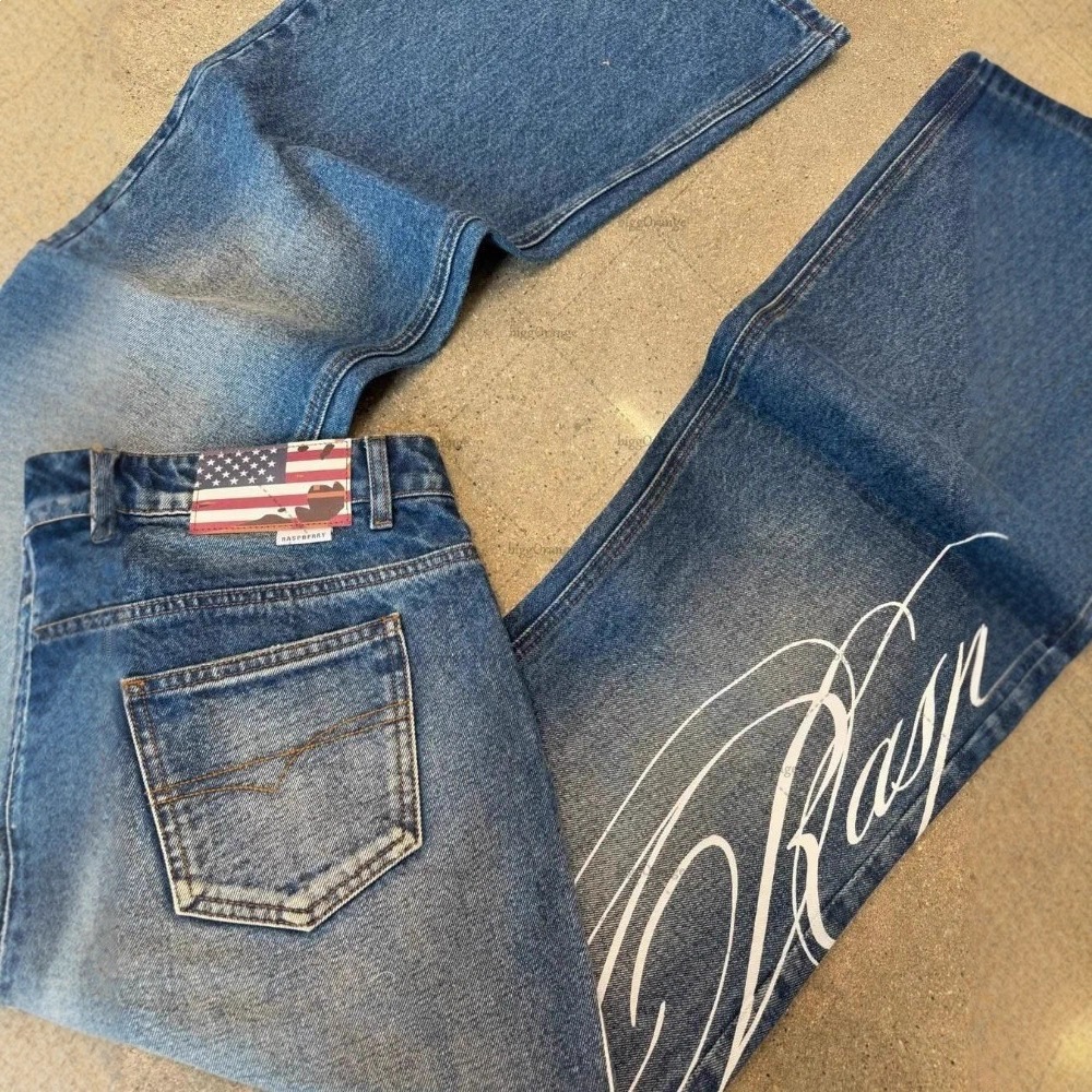 designer Jeans Washed Letter Print Jeans for Men Women Y2K Harajuku Punk Streetwear Wide Leg Floor-Length Trousers Ins Fashion - view 3