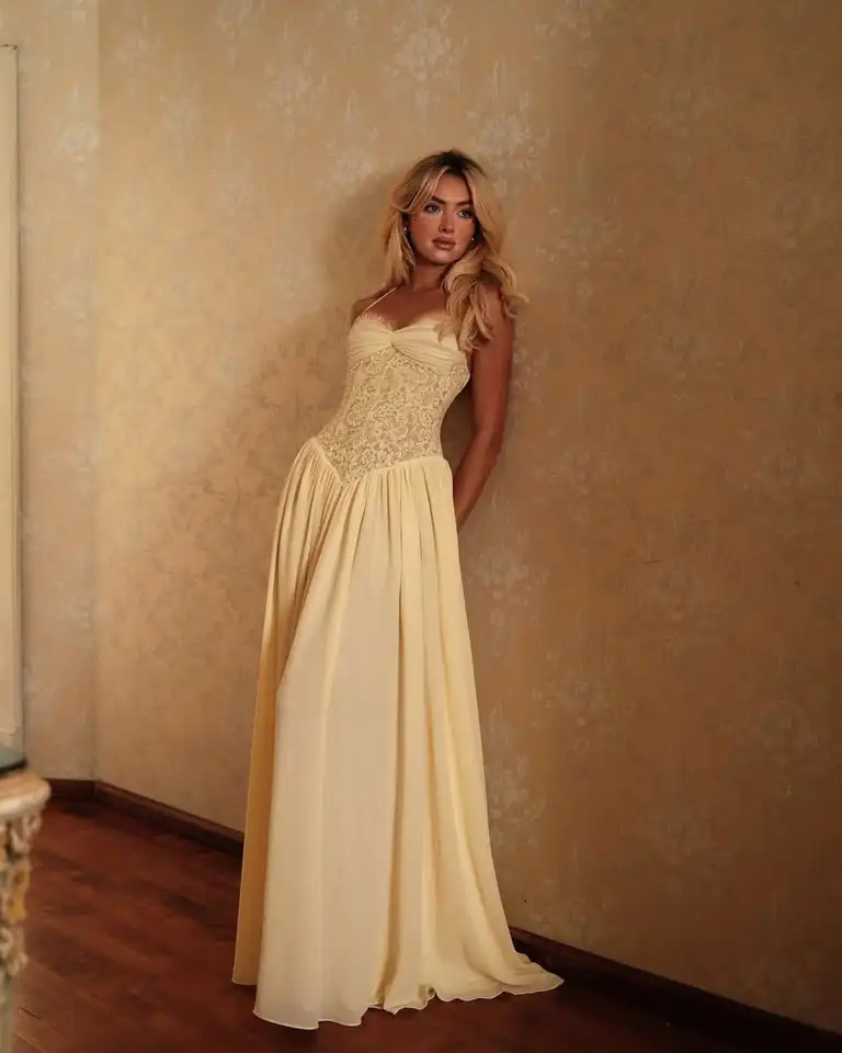 Sexy Yellow Lace Corset Maxi Dress Womens Spaghetti Strap Ruched Bust Flowy Chiffon Long Gowns 2026 Lady Evening Party Wear 260730BJ - view 3