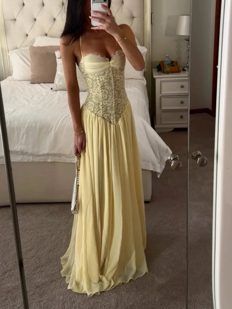Sexy Yellow Lace Corset Maxi Dress Womens Spaghetti Strap Ruched Bust Flowy Chiffon Long Gowns 2026 Lady Evening Party Wear 260730BJ - view 6