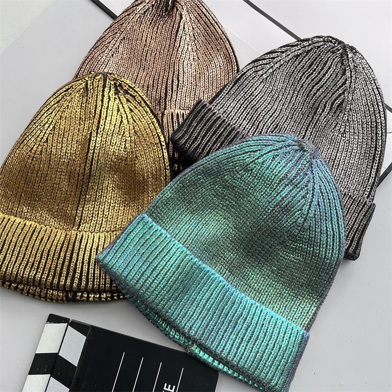 Autumn Winter Metal Colour Coating Holographic Knitted Hat Men Women Harajuku Hip Hop Warm Skull Cap Beanie 260728 - view 4