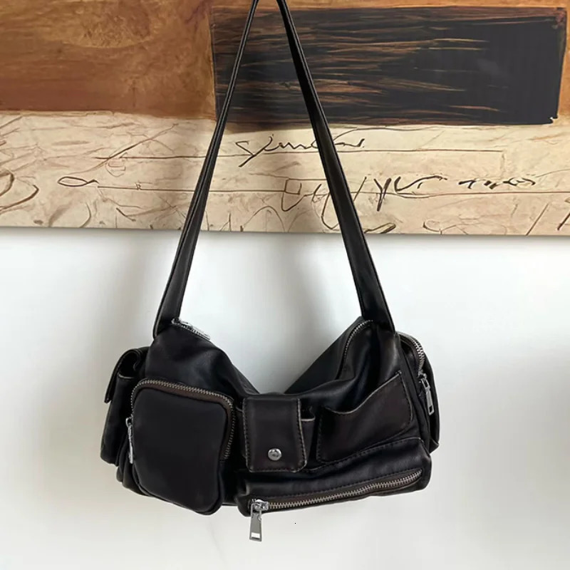 Y2k Hobo For Women Shoulder Crossbody Bag Vintage Washed Leather Motorcycle Bag Large Capacity Multi Pocket Zipper Underarm Bag 260730 - view 5