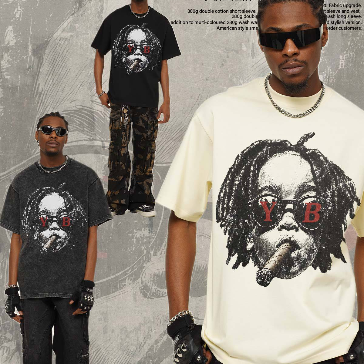 2026 Washed T-Shirt Summer Dreadlock Boy American Street Style Washed Vintage D…