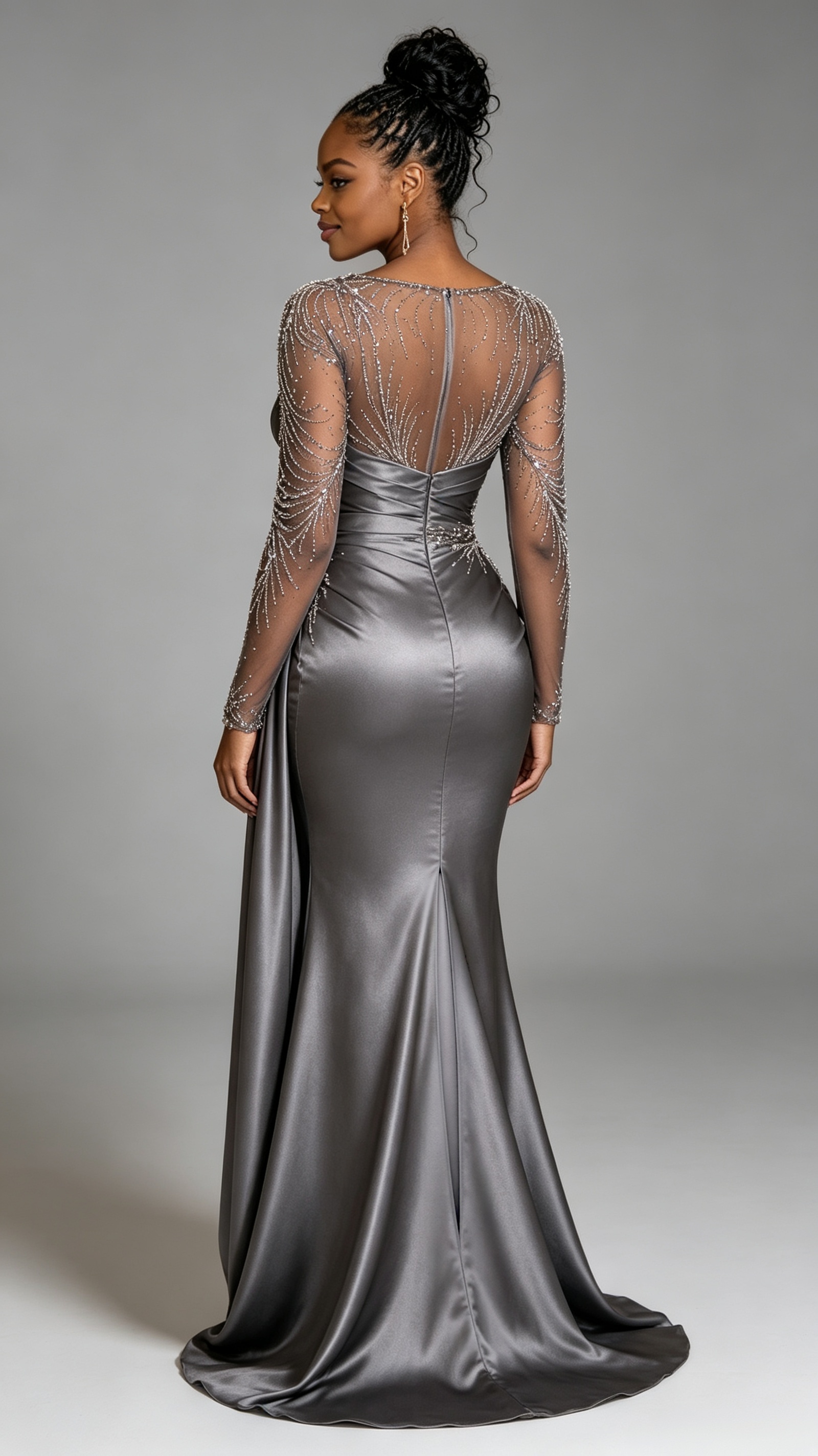 2026 Grey Mermaid Evening Dresses Beaded Crystals Sheer Neck Satin Prom Formal Party Second Birthday Engagement Gowns Plus Size Dress For Special Occa - view 7