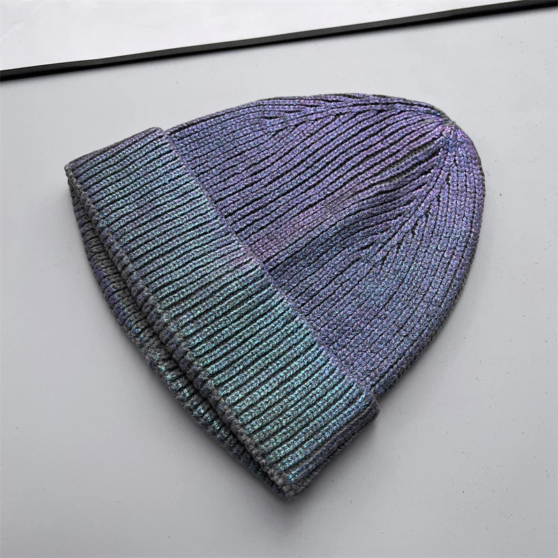Autumn Winter Metal Colour Coating Holographic Knitted Hat Men Women Harajuku Hip Hop Warm Skull Cap Beanie 260728 - view 7