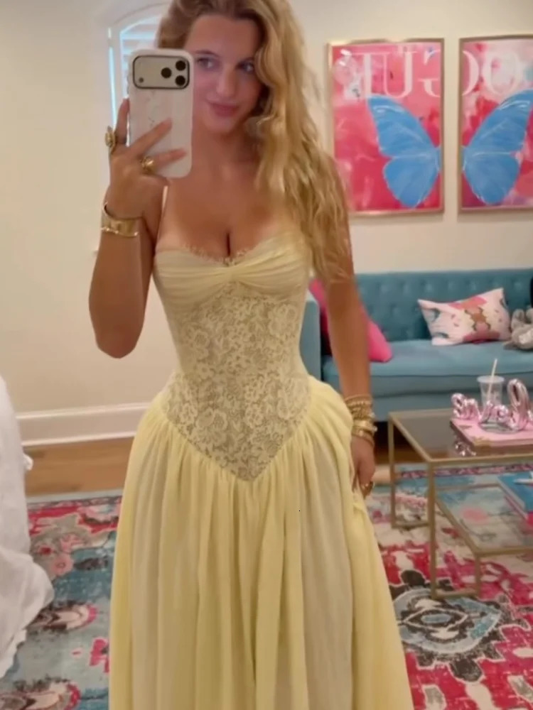 Sexy Yellow Lace Corset Maxi Dress Womens Spaghetti Strap Ruched Bust Flowy Chiffon Long Gowns 2026 Lady Evening Party Wear 260730BJ - view 7