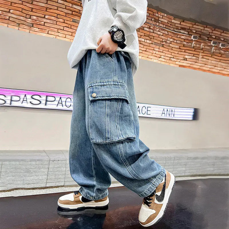 Autumn School Boys Casual Cargo Jeans With Pocket Loose Style Teenage Child Den…