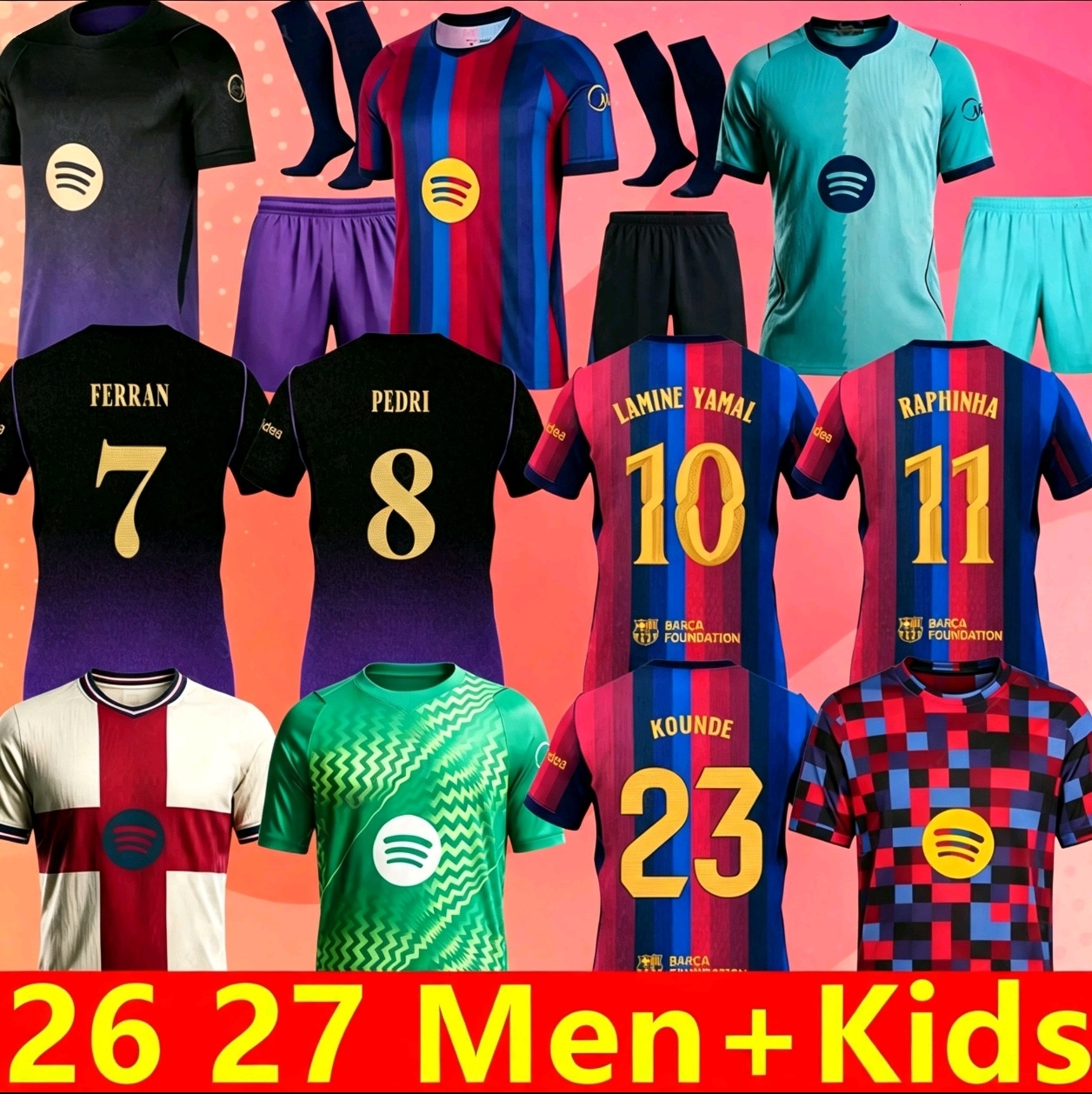 25 26 27 Maglia Da Calcio Barcelona Casa Trasferta Terzo Kit Lamine Yamal Lewandowski Rashford Ferran Raphinha Fermin Bernal R Araujo Kounde Pedri M-image