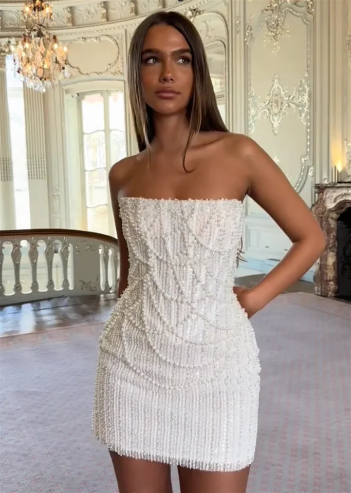 Customized Pearls Beading Prom Dress Sleeveless Mini Skirt Crystals Formal Evening Dress Strapless Vestidos De Fiesta Elegantes 260731bj - view 7