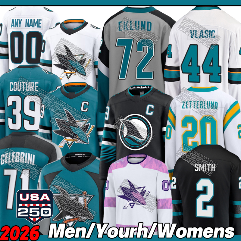 #71 Macklin Celebrini Jersey #39 Logan Couture Mikael Granlund san jose hockey jerseys William Eklund California Zetterlund Blackwood Shark jersey 2