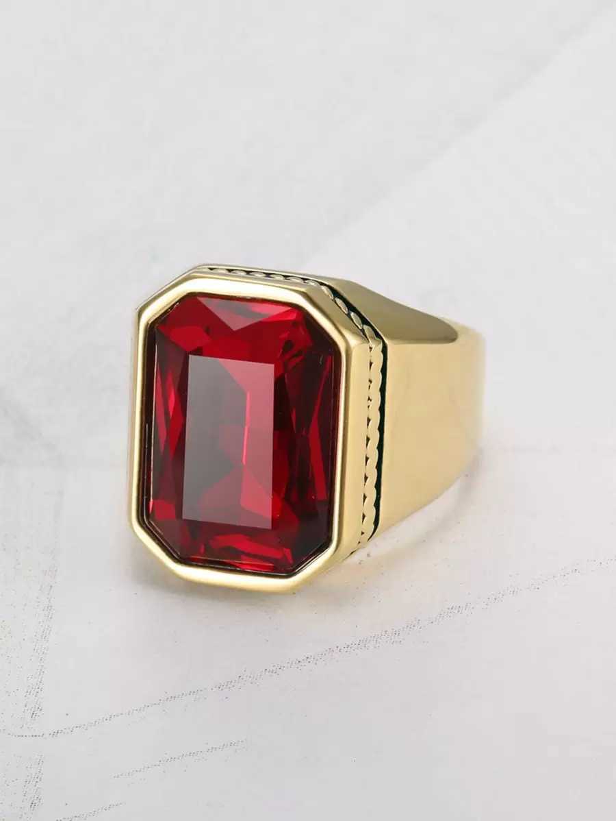 18K Gold Plated 1pc Luxury Vintage Red Cubic Zirconia Simple Men's Ring Stainless Steel Jewelry Best Friend Birthday Gift For Banquet H2607311 - view 5
