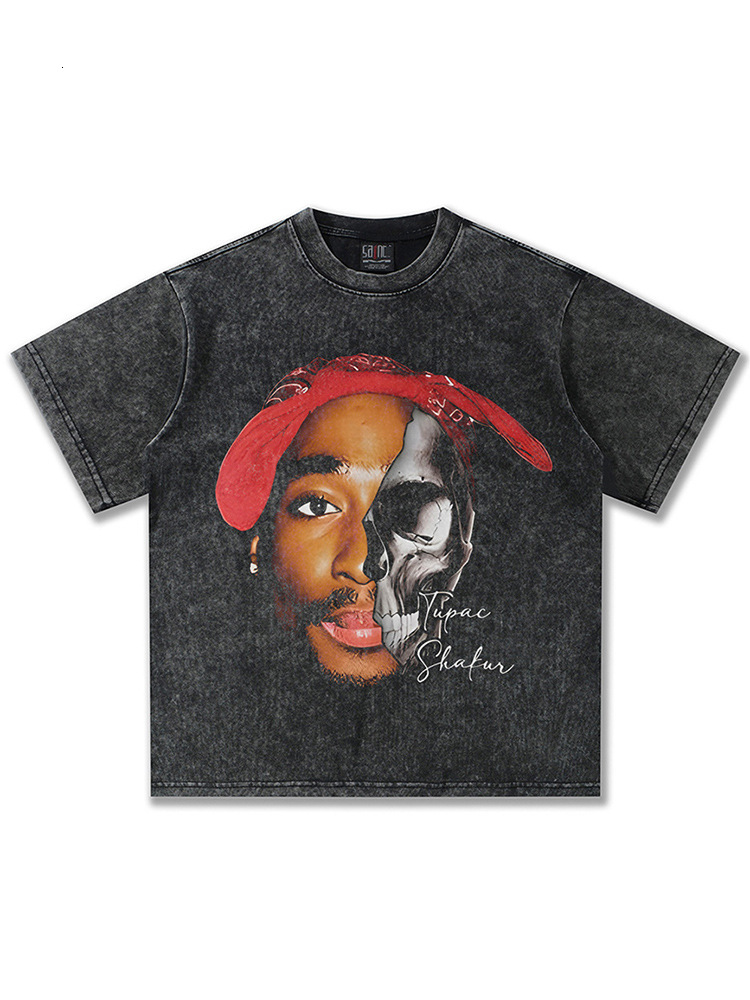 Oversize 5XL 2026 washed T-Shirt Summer Tupac American Street Style Washed Vintage Heavyweight Trendy Brand T-Shirt with Direct Print Round Neck Short - view 5