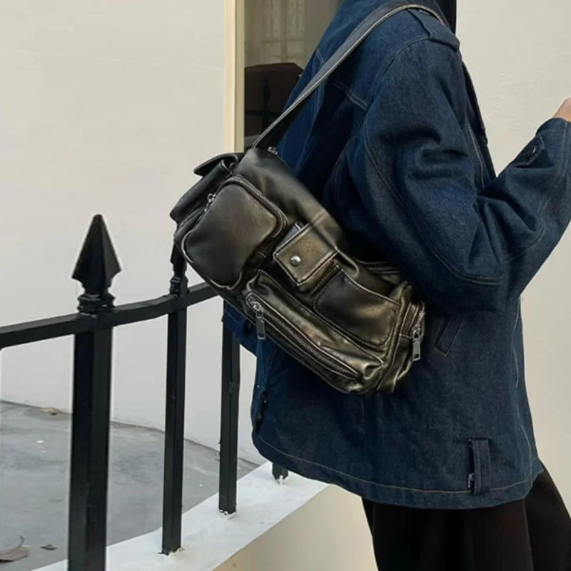 Y2k Hobo For Women Shoulder Crossbody Bag Vintage Washed Leather Motorcycle Bag Large Capacity Multi Pocket Zipper Underarm Bag 260730 - view 7