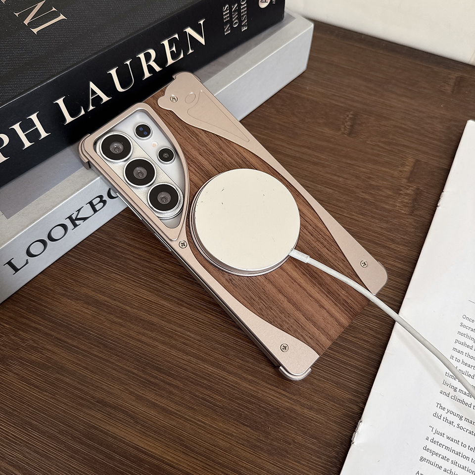 Samsung Galaxy S26 Ultra Solid Wooden Grain Borderless Protective Cover - Durable Aluminium Magnetically Adjustable Stand