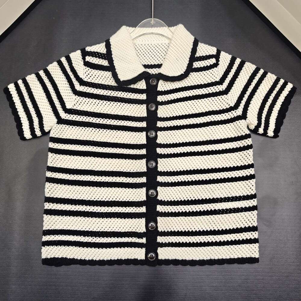 2026 Designer Women's Summer New Style Color blocked Striped Hollow Knitted k30 Top Short Sleeve Single breasted Drawstring Half Skirt