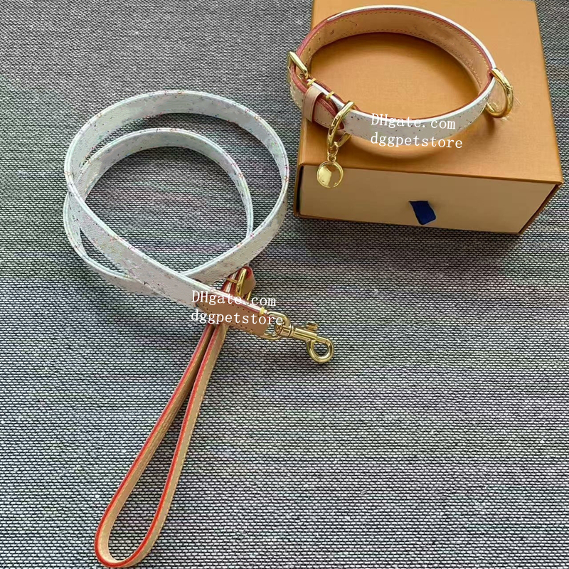 Designer Dogs Collars with Metal ID Tag Colorful Letter Premium Leather Collar Leash for Small Medium Dogs Luxury Pet Accessories Limited Edition White/Brown B265