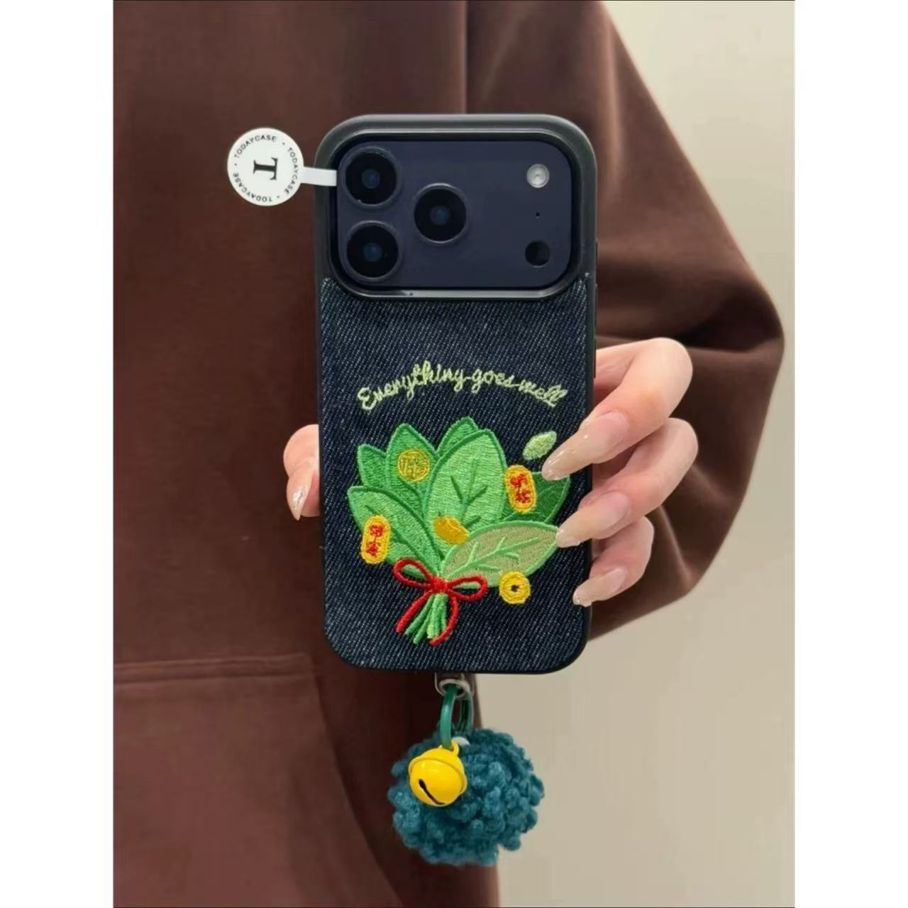 Denim blue embroidered grapefruit leaves for Apple good luck iPhone anti-drop mobile phone case