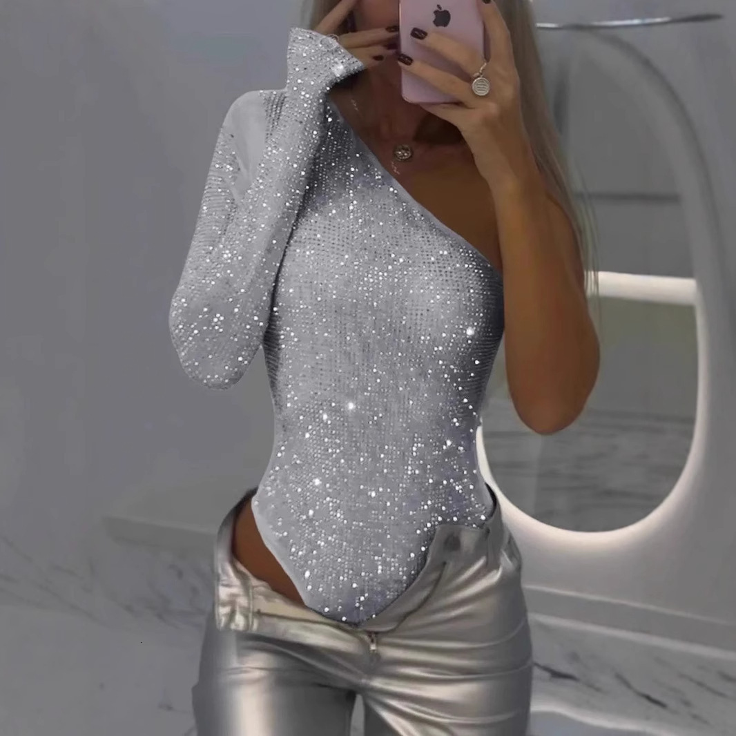 2026 Designer Luxury Spring Summer European And American Wish Hot Girl Sexy One-shoulder Tight Rhinestone Sequin Top