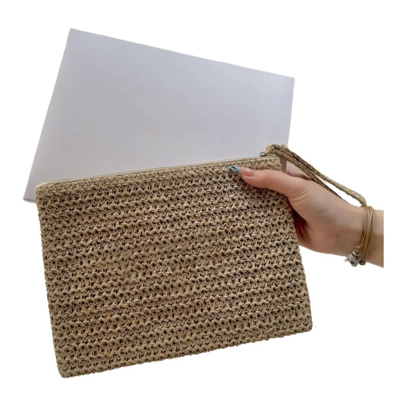 Women Lady Straw with Handle Knitted Giveaway Bag Ic Cosmetic Beauty Pouch Makeup Organizer Storage Case with VIP Gift Box