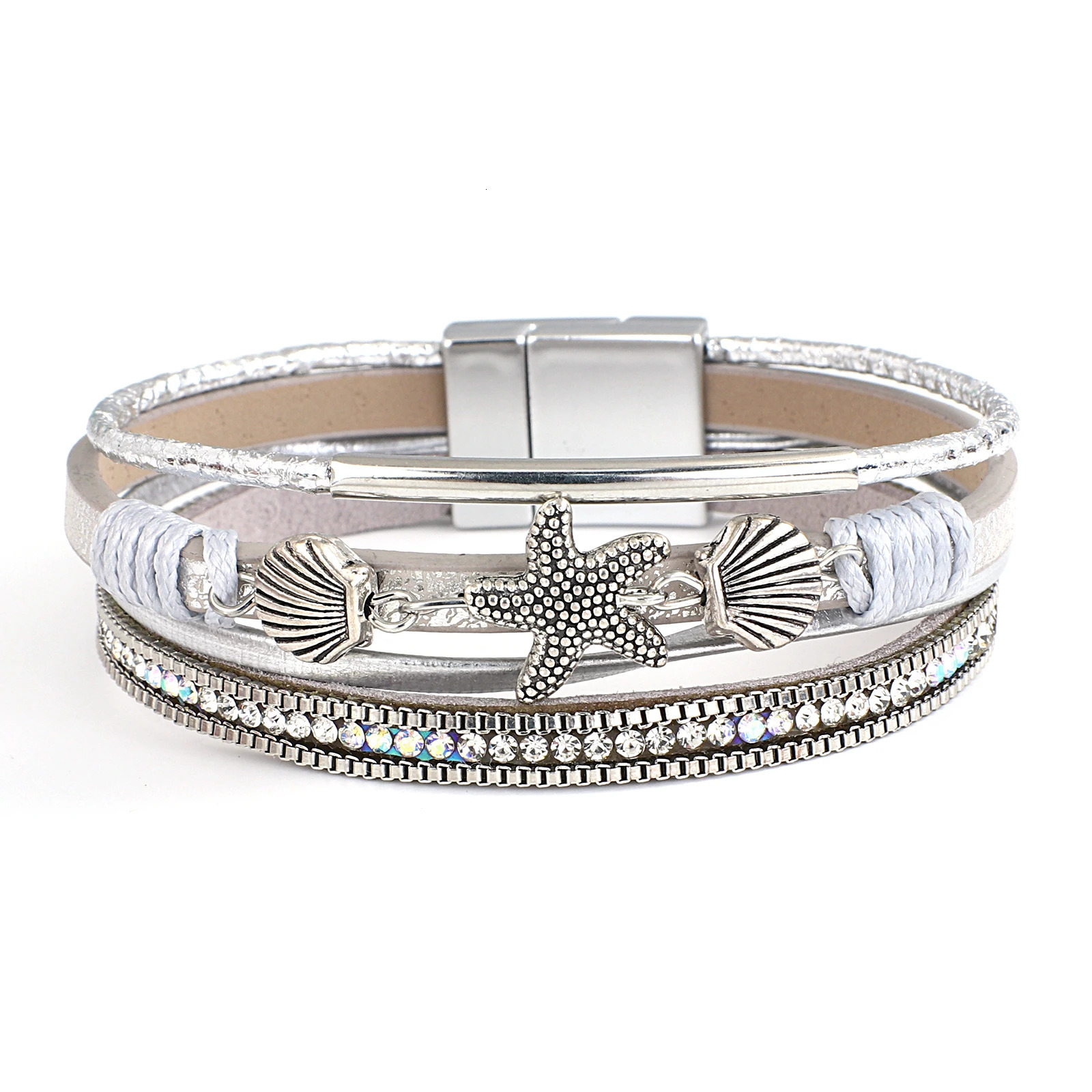 ALLYES Charm Starfish Shell Leather Bracelet for Women Men Boho Metal Tube Crystal Beads Chain Bracelets Bangles Beach Jewelry 260318BJ - view 7