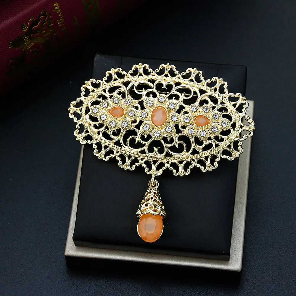 Gold Color Flower Morocco Brooch Arabic Women Lapel Pins Caftan Brooch Bride Wedding Jewelry Crystal Arabesque Bijoux Z260401