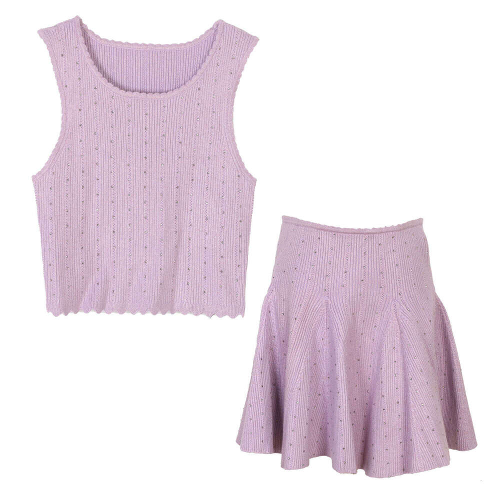 Spring and summer new designer vest with rhinestone solid color round neck k30 sleeveless vest, French A-line short skirt suitable for women