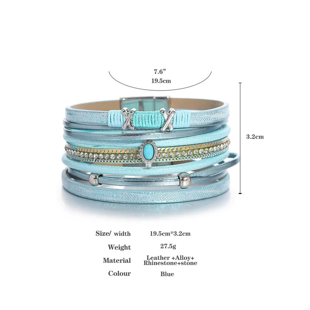 Amorcome Bohemian Multilayer Wrap Leather Bracelet for Women Men Blue Stone Rhinestone Chain Charm Bracelet Party Summer Jewelry 260318BJ - view 7