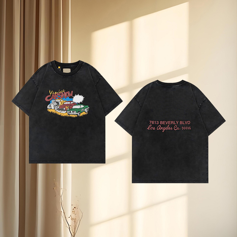 Spring Summer Car Show Print Tee t shirt USA Distressed Vintage Skateboard Men Women High Street Casual Tshirt 26ss 0328