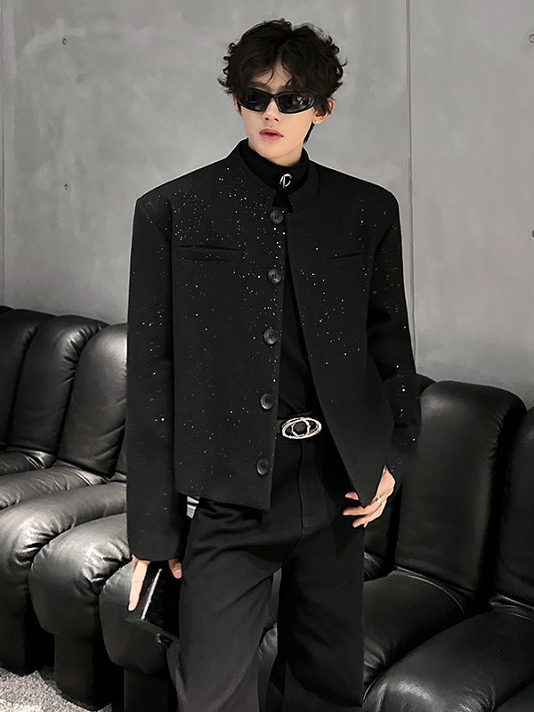 Highend shoulderpadded short blazer for men spring and autumn made of silvercoated wool stylish standup collar jacket suitable for and stylish 240904